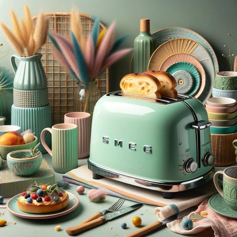 Discover the SMEG retro toaster in pastel green! A perfect marriage of elegance and efficiency, with six browning levels and four functions. A stylish addition to any kitchen. Get the perfect toast every time! Green Smeg, Retro Toaster, A Perfect Marriage, Green A, Perfect Marriage, Coffee Machines, Pastel Green, Small Kitchen Appliances, Browning