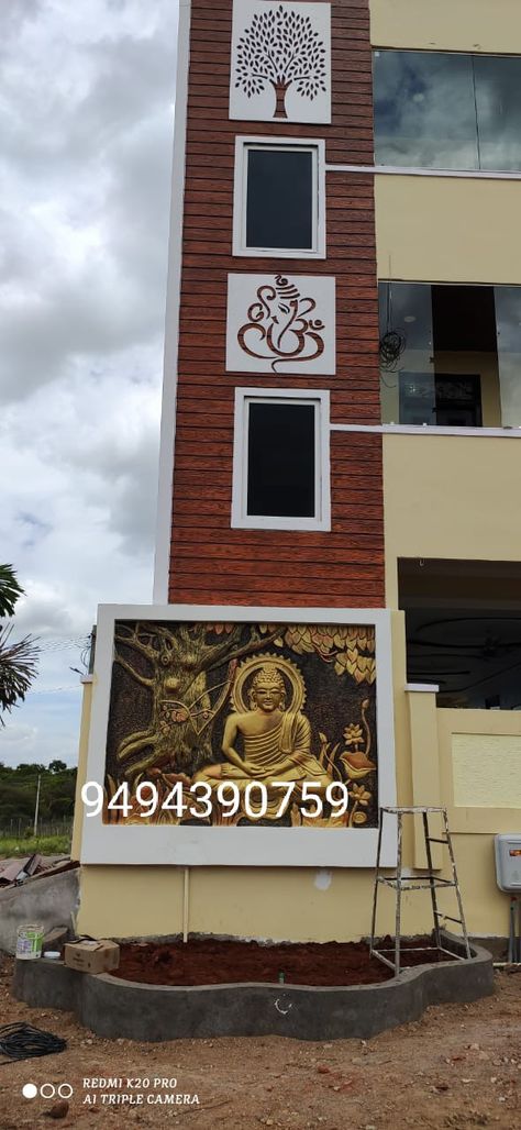 House Elevation Glass Design, Vinayaka Elevation Designs, Cnc Ganesha Design For Elevation, Cnc Elevation Designs, Front Elevation Glass Design, Elevation Flower Designs For House, Front Building Design, Indian House Exterior Design, Balcony Glass Design