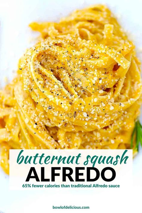 This healthy Butternut Squash Alfredo recipe has brown butter and rosemary and is served with Fettuccini, or any other kind of pasta you like for a perfect fall pasta recipe. The sauce is freezable... and doubles as a soup! It's earthy and aromatic, and has 65% fewer calories than traditional Alfredo sauce. Butternut Alfredo Sauce, Butternut Squash Fettucini, Butternut Squash Fettuccine Alfredo, Creamy Butternut Squash Pasta Sauce, Butternut Squash Dishes, Butternut Squash Alfredo Sauce, Butternut Squash Sauce Recipes, Butter Nut Squash Recipes Pasta, Butternut Pasta Sauce