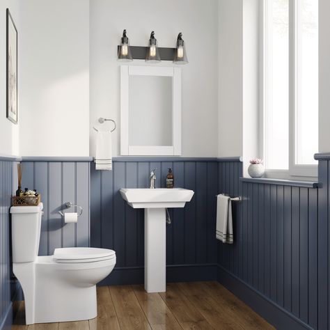 We all harbor a little vanity, and just the right selection of vanity light is certain to satisfy. It's an opportunity to make a bold design statement while bathing you in the perfect light. Light bulbs are not included. Blue Small Bathrooms, Shiplap Bathroom Wall, Small Half Bathroom, Decorating Bathrooms, Kids Bathroom Design, Decor Bathroom Ideas, Remodeling Bathroom, Bathrooms Ideas, Wall Decor Bathroom