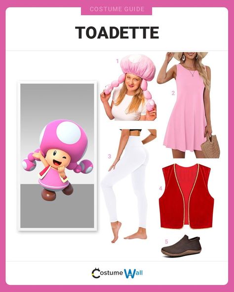 Toadette Costume Toadette Cosplay, Toadette Costume, Mushroom Hat Costume, Super Mario Costumes, Got Costumes, White Yoga Pants, Super Mario Games, Costume Guide, Best Costume