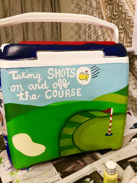 Golf #frat #cooler #formal #golf #masters Golf Cooler Painting, Cooler Formal, Golf Frat Cooler, Cooler Ideas, Frat Coolers Ideas Formal, Frat Coolers Formal, Frat Formal Coolers, Frat Coolers Ideas, Painted Fraternity Coolers