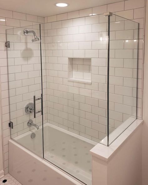 Frameless corner shower enclosure Glass Tub Enclosure, Frameless Glass Shower Enclosure, Girl Bathrooms, Tub Enclosures, Small Bathtub, Baby Bathroom, Glass Shower Enclosures, Bathroom Redesign, Kitchen Bathroom Remodel