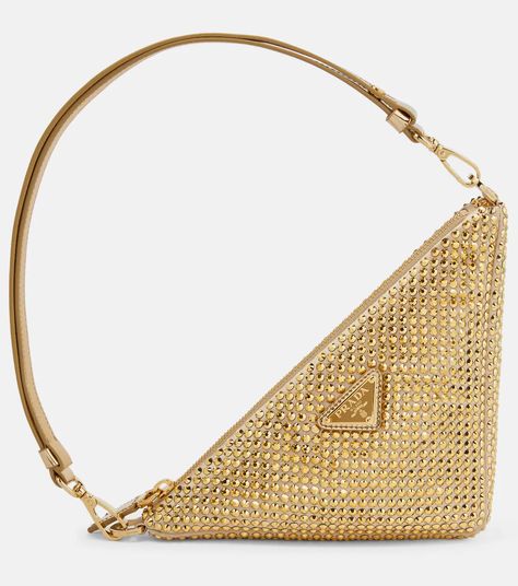 Triangle Mini Embellished Satin Shoulder Bag in Gold - Prada | Mytheresa Dream Wishlist, Tiktok Outfits, Spring Knits, Orange Tie, Accessories Bag, Life Funny, Gold Bag, Fancy Bags, Prada Bags