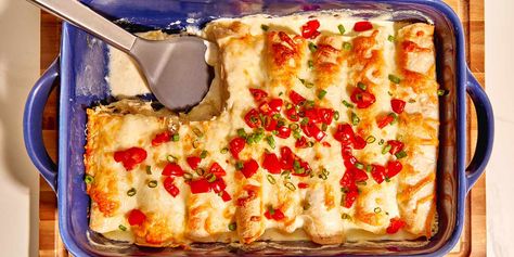 Creamy Mississippi Chicken Enchiladas Creamy Mississippi Chicken Enchiladas, Mississippi Chicken Enchiladas, Chicken Savoy, Mexican Main Dishes, Mississippi Chicken, 5 Ingredient Dinners, Sheet Pans, Enchiladas Recipe, Chicken Enchilada Recipe