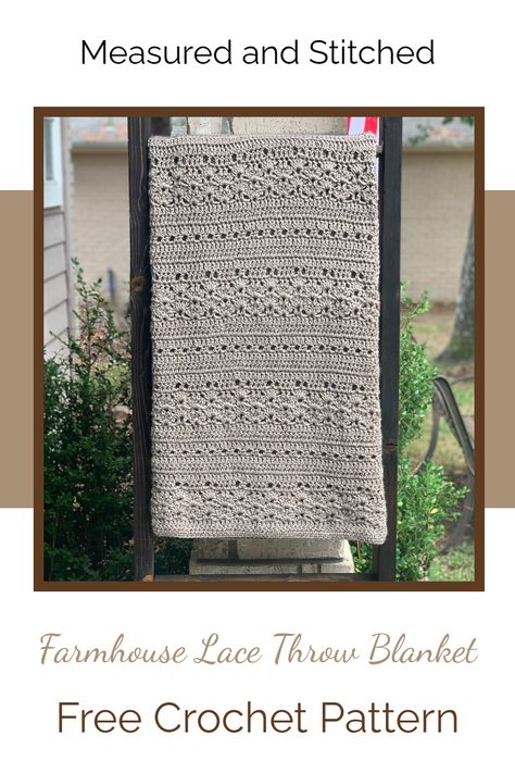 Free Crochet Throw Blanket Pattern - Farmhouse Style Throw Blanket Pattern - Add style and charm to your home with the Farmhouse Lace Crochet Throw Blanket! Find this pattern free on the blog #crochet #freecrochetpattern #crochetblanket #crochethomedecor #farmhouse Beach Blanket Crochet, Crochet Throw Blanket Pattern, Rustic Throw Blanket, Farmhouse Crochet, Throw Blanket Crochet, Crochet Pillow Patterns Free, Crochet Throw Pattern, Throw Blanket Pattern, Crochet Afghan Patterns Free