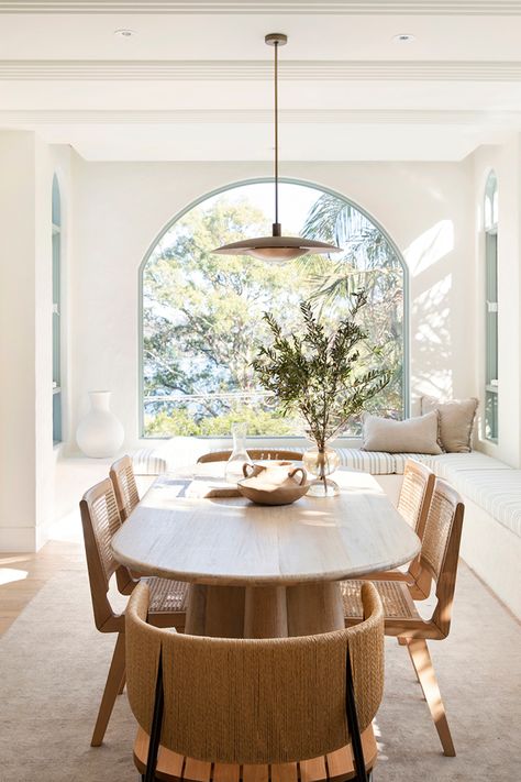 Modern Mediterranean Dining Room, Modern Mediterranean Home, Mediterranean Dining, Mediterranean Dining Room, Three Birds Renovations, Three Birds, Mediterranean Home, Window Styles, Indoor Outdoor Living