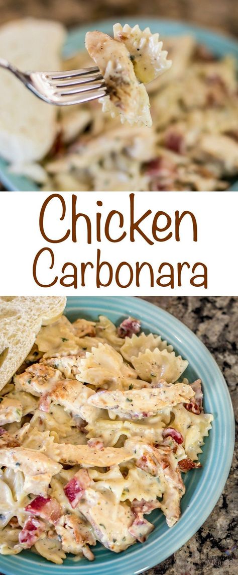 Chicken Carbonara recipe with Bacon, chicken and cheesy pasta perfection! An easy way to create a gourmet chicken dinner the entire family will enjoy!  via @2creatememories Carbonara Recept, Chicken Carbonara Recipe, Recipe With Bacon, Resep Pasta, Chicken Carbonara, Gourmet Chicken, Cream Pasta, Bacon Chicken, Carbonara Recipe