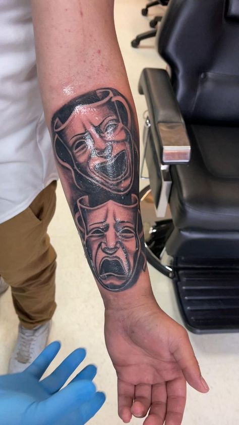 Mask Tattoo Men, Comedy Tragedy Tattoo, Drama Mask Tattoo Design, Drama Mask Tattoo, African Sleeve Tattoo, Mask Tattoos, Tiger Hand Tattoo, Arm Tattoos For Guys Forearm, Smile Now Cry Later