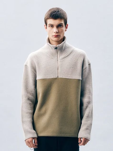 Wool Combination Turtleneck Zip-up Sweater | W Concept Streetwear Funnel Neck Sweater With Ribbed Cuffs, Wool Crew Neck Sweater For Streetwear, Turtleneck Sweater Zip, Wool Half-zip Sweater With Ribbed Cuffs, Half-zip Stretch Sweater, Zip Up Sweater, W Concept, Men Shoes Size, Mens Outerwear