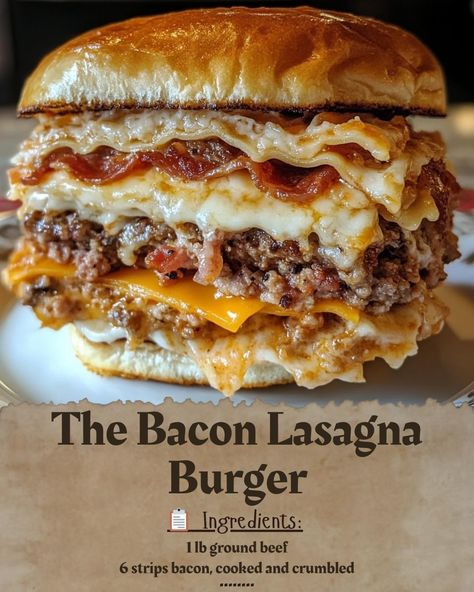 Bacon Lasagna Burger, Lasagna Burger, Bacon Lasagna, Appetizer Ideas, Sweet Snacks Recipes, Beef Recipes Easy, Food Recepie, Easy Baking Recipes, Crispy Bacon