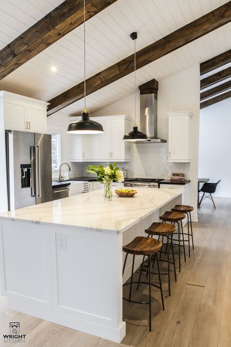 Hood Fan Vaulted Ceiling, Kitchen With Beams, Beam In Kitchen, Vaulted Ceiling Beams, Ceiling Remodel, Vaulted Ceiling Kitchen, Hood Fan, Shiplap Ceiling, Modern Farmhouse Kitchen