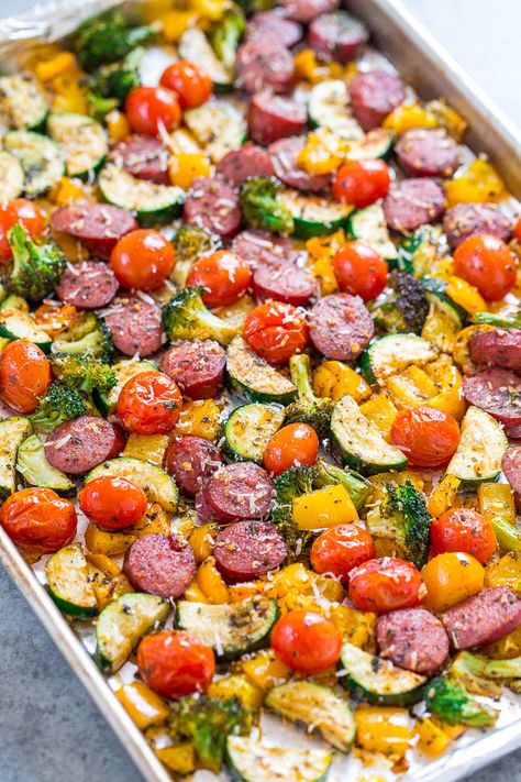 Sheet Pan Sausage and Veggies - Averie Cooks Gestational Diabetics Food Recipes, Gestational Diabetics Food, Gd Meals, Gd Recipes, Recovery Recipes, Sausage And Vegetables, Sheet Pan Sausage, Sausage Dinner, Sheet Pan Dinners Recipes