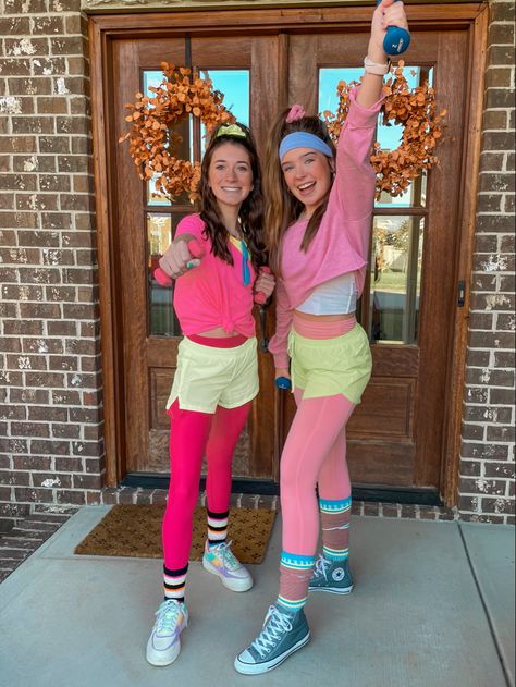 Disco Neon Outfit, Neon 70s Outfit, Tye Dye Spirit Week, 80s Outfit Ideas Spirit Week, 80s Yoga Costume, 80s Outfits Neon, 80s Spirit Week, Throwback Dress Up Day, 80s Outfit Summer