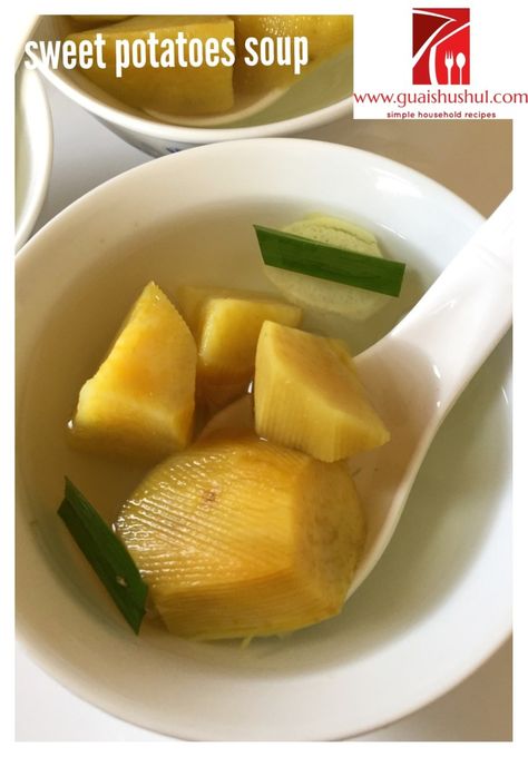 Malaysian Singaporean Chinese Food–Sweet Potato Soup Dessert (番薯糖水） Sweet Potatoes Dessert, Sweet Potato Ginger Soup, Food Sweet Potato, Ginger Desserts, Cooking With Ginger, Sweet Potato Soup Recipes, Sweet Potato Skins, Sweet Soup, Potato Skin