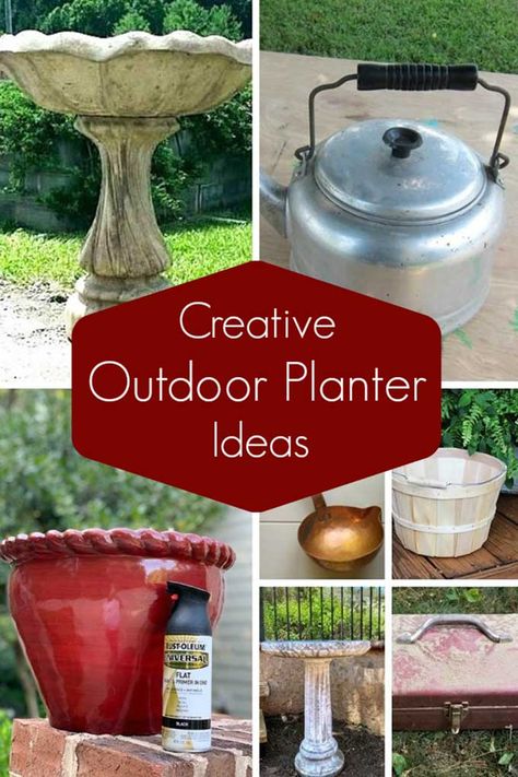 Quick and easy outdoor planter ideas from repurposed thrift store items. Upcycle Outdoor Ideas, Small Outdoor Planter Ideas, Unique Outdoor Planter Ideas, Repurposed Succulent Planter Ideas, Unique Flower Pots Outdoor, Thrift Store Garden Ideas, Unusual Planters Ideas Upcycling, Repurposed Flower Planters, Upcycled Pots For Plants