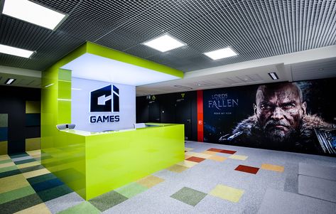 #interactive #games #office #design #reception #neon #green #wallpaper #carpet Neon Reception Desk, Office Design Reception, Neon Green Wallpaper, Design Reception Desk, Desk Wallpaper, Wallpaper Carpet, Fall Games, Interactive Games, Interactive Game