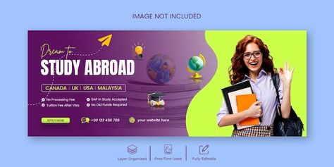 Study abroad education facebook cover an... | Premium Psd #Freepik #psd #education #teacher #facebook-cover #banner-design School Cover Photo, Education Banner Design, Educational Banner, Chaturthi Decoration, School Post, Education Posters, Facebook Background, About Study, Cover Photo Design