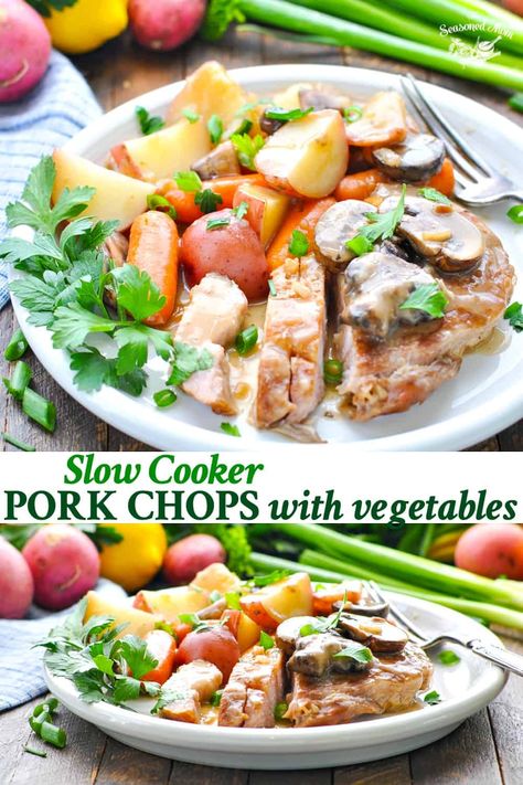 Tender and juicy Slow Cooker Pork Chops with Vegetables are coated in a creamy mushroom gravy for the ultimate cool weather comfort food! One Pot Meals | Easy Dinner Recipes | Pork Chop Recipes | Slow Cooker Recipes Easy Dinner Recipes Pork, Creamy Mushroom Gravy, Pork Crockpot, Chicken Crescent, Pork Chop Recipes Crockpot, Recipes Pork, Pork Chop Recipes Baked, Slow Cooker Pork Chops, Crockpot Dinners