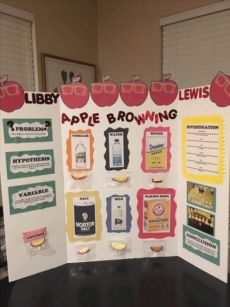 Apple Browning science project poster presentation. Kindergarten Science Fair Projects, 6th Grade Science Projects, 4th Grade Science Projects, Kindergarten Science Projects, Science Project Board, Apple Science Experiments, Kids Science Fair Projects, Easy Science Fair Projects, Elementary Science Fair Projects