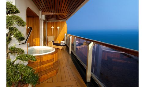 A far cry from cramped cabins, these sleek and stately rooms offer tons of space, impressive amenities—in-room spas, personal butlers and grand pianos, to name a few—all with world-class ocean views. Pictured: HOLLAND AMERICA LINE. Retreat to the spacious veranda and take a dip in a private hot tub overlooking the ocean. Cruise Ships Interior, Cruise Honeymoon, Top Cruise, Best Cruise Ships, Luxury Cruise Ship, Holland America Line, Holland America, Disney Fantasy, Deck Plans