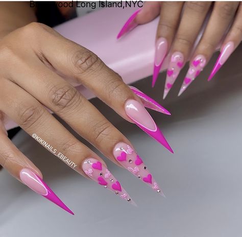 Light Pink And Hot Pink Nails, Hot Pink Bling Nails, Pink Manicure Ideas, Christmas Nails Stiletto, Stiletto Nails Pink, Nails Cute Pink, Nails Pink Coffin, Nails Pink Ombre, Pink Matte Nails