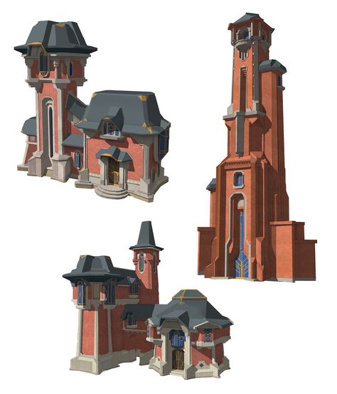 Steampunk Building Concept Art, Fantasy Building Concept Art, Tower Concept Art, Castle Concept Art, Building Columns, Vertical City, Fantasy Village, House Silhouette, Steampunk House