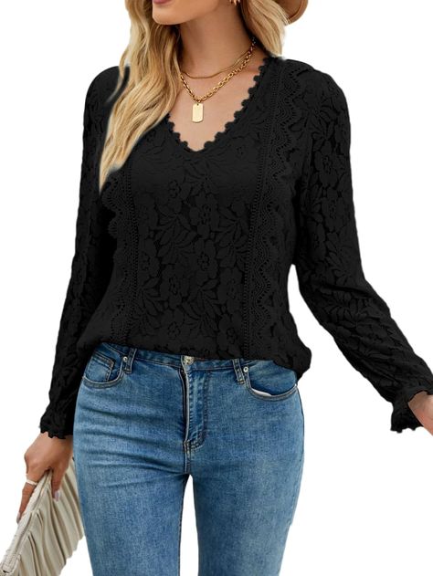 PRICES MAY VARY. V neck, long sleeve, line, solid color, soft and comfy lace fabric, pull on lace tunic blouse for women and girls. Casual and elegant style. Unique ruffle trim v neck long sleeve and back button design show your feminine and personal tatse. You can wear this solid v neck pullover tunic blouse top with skirt, shorts, skinny jeans for a trend look. This lace v neck long sleeve shirt for spring and fall. Great with casual, home, party, vacation, work, office, school, dating, street V Neck Long Sleeve Shirt, Top With Skirt, V Neck Pullover, Skirt Shorts, Lace Tunic, Blouse Shirt, Tunic Blouse, Work Office, Long Sleeve Tunic