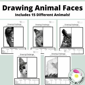 Excellent resource for building confidence in drawing animals. Students simply need to draw a mirror image to complete the animal face. Great for practicing measuring with pencil, pencil shading, ink shading, or symmetry! Works well as a sub lesson! Rubric included for students to quickly self assess and teachers to quickly grade! Elementary Drawing Lessons, Animal Faces Drawing, Shading Art Lesson Elementary, Highschool Art Project Ideas, Middle School Animal Art Projects, Ink Shading, Art Middle School, Types Of Drawing Styles, Elementary Portrait Art Lesson