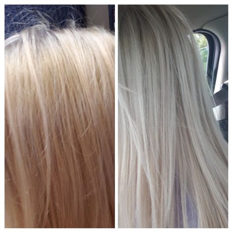 Wella T18 toner, used 1 1/2 months after bleaching and toning. It has turned brassy on me and purple shampoo wasn't doing anything for me, so I toned it again, myself and not professionally, for $85... to this beautiful ice blonde! Wella T18 Before And After Toner, Toner For Blonde Hair Wella, T18 Wella Toner Before And After, T18 Toner Before And After, Wella T18 Before And After, Wella T18 Toner, Toners For Blonde Hair, Wella Hair Toner, Toner For Orange Hair