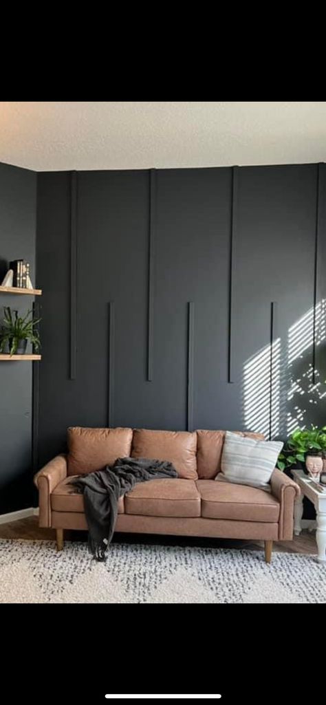 Black Wall Black Furniture, Accent Wall Moody, Charcoal Accent Wall Dining Room, Painted Accent Wall Behind Tv, Black Accent Wall With Wood, Dark Living Room Accent Wall, Charcoal Feature Wall, Dark Accent Wall Living Room, Black Wall Living Room