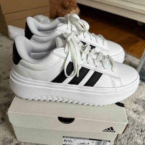 Nib Adidas Grand Court Platform Sneakers. Size 6.5. Black And White Platform Shoes, Adidas Court Shoes Outfit, Adidas Grand Court Outfit, Court Shoes Outfit, Adidas Platform Sneakers, Adidas Platform, Platform Outfit, Court Outfit, Adidas Court