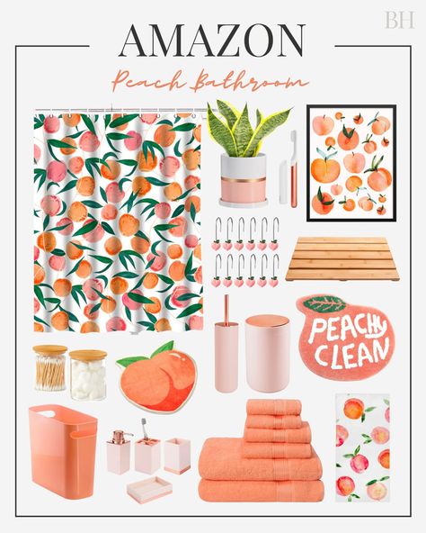 Check out this photo from brookehend_ Peaches Bathroom Decor, Citrus Bathroom Decor, Coral Color Bathroom Ideas, Peachy Bathroom Decor, Peach And Green Bathroom, Fruit Bathroom Theme, Peach Themed Bathroom, Peachy Clean Bathroom, Waxing Suite