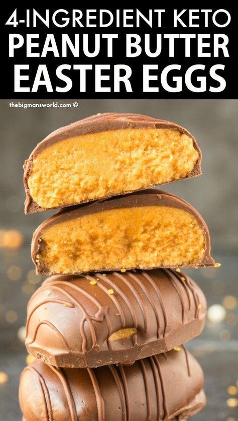 Homemade Keto Peanut Butter Easter Eggs Recipe- BETTER than Reese's Peanut Butter Eggs! No baking, 4 ingredients, paleo, vegan, gluten free, low carb and dairy free- Perfect for Easter! #ketoEaster #Eastereggs #peanutbuttereggs #peanutbutter 4 Ingredient Reeses Eggs, Healthy Peanut Butter Easter Eggs, Healthy Peanut Butter Eggs Recipe, Easter Keto Dessert, Keto Peanut Butter Eggs, Keto Reeses Peanut Butter Cups, Homemade Candy Recipes, Peanut Butter Eggs Recipe, Keto Pies