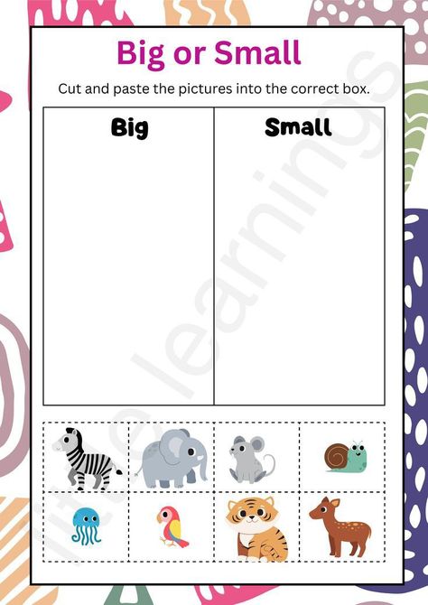 Big And Small Animals Worksheet, Big And Small Animals Activities, Big Or Small Activities, Cut Paste Activities For Kids, Worksheet Animals For Kids, Big Small Activities, Big And Small Worksheets For Preschool, Big Or Small Worksheet, Big And Small Activities