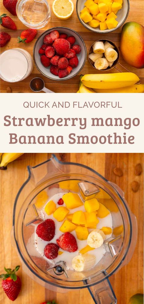 Refresh and rejuvenate your body with this delicious and nutrient-packed smoothie. Our Easy Strawberry Banana Mango Smoothie is a combination of three power fruits that will give you a boost of energy, vitamins, and minerals. The tartness of the strawberries is balanced out perfectly by the sweetness of the mango and the creaminess of the banana. Enjoy this creamy and delicious smoothie any time of day! Smoothie No Yogurt, Strawberry Mango Smoothie Recipe, Thick Drinks, Energy Vitamins, Quick Vegan Dinner Recipes, Vegan Finger Foods, Strawberry Mango Smoothie, Smoothie Benefits, Mango Banana Smoothie