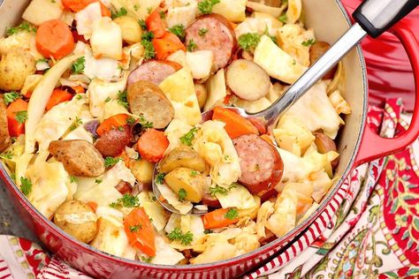 Smoky sausage, creamy potatoes, sweet cabbage and carrots are simmered in a simply seasoned broth for a one-pot meal that’s deliciously easy and wholesomely satisfying. Sausage Recipes Potatoes, Sweet Cabbage, One Pot Sausage, Cabbage Sausage, Sausage Cabbage, Creamy Potatoes, Cabbage And Potatoes, Italian Chicken Sausage, Cabbage And Sausage