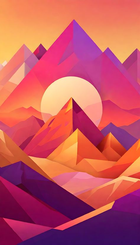 Geometric mountains rise sharply against a warm sunset, their facets casting colors from amber to purple, crafting a modern abstract landscape that glows with the day's last light. Landscape Practice, Geometric Sunset, Mountain Project, Warm Sunset, Geometric Mountain, Sunset Background, Sunset Art, Watercolor Landscape, Abstract Landscape