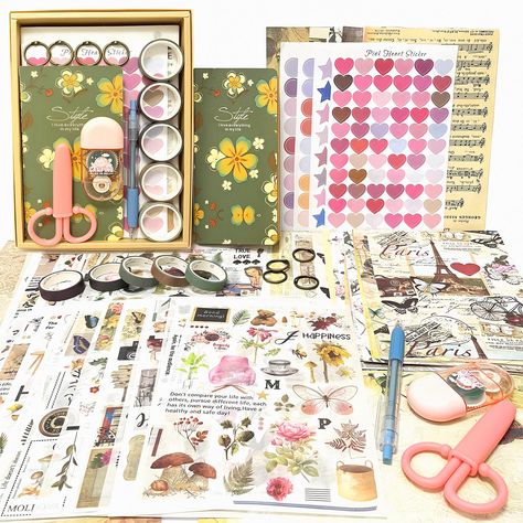 PRICES MAY VARY. WHAT YOU RECEIVE: Our vintage scrapbooking supplies kit comes with 48 sheets non-adhesive Vintage scrapbook paper (24 patterns, 2 of each), 48 sheets translucent scrapbook washi stickers (total 1562 pieces), 4 sheets colorful stickers (total 216 pieces), 1 piece small notebook, 1 piece double sided tape roller, 1 piece small scissor, 1 piece knife pen, 5 pieces washi tapes, 4 pieces metal rings. A large collection of art journaling supplies to build your project. HIGH QUALITY: T Scrapbook Sketches 12x12 Michaels Stores, Girl Journaling, Aesthetic Scrapbooking, Filofax Inspiration, Art Journaling Supplies, Junk Journal Kits, Washi Tape Notebook, Vintage Scrapbook Paper, Scrapbooking Vintage