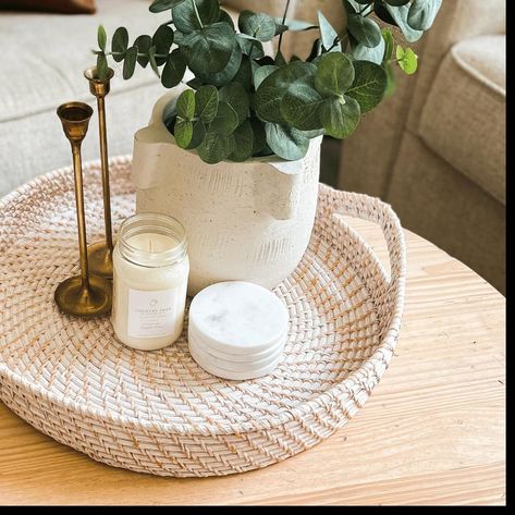 Rattan Tray Coffee Table, Coffee Table Wicker Tray Decor, Large Round Tray For Ottoman, Rattan Tray Decor Coffee Tables, Circular Tray Decor, Wicker Tray Styling, Tray Decor For Bedroom, Round Coffee Table Decor Minimalist, Rattan Tray Styling