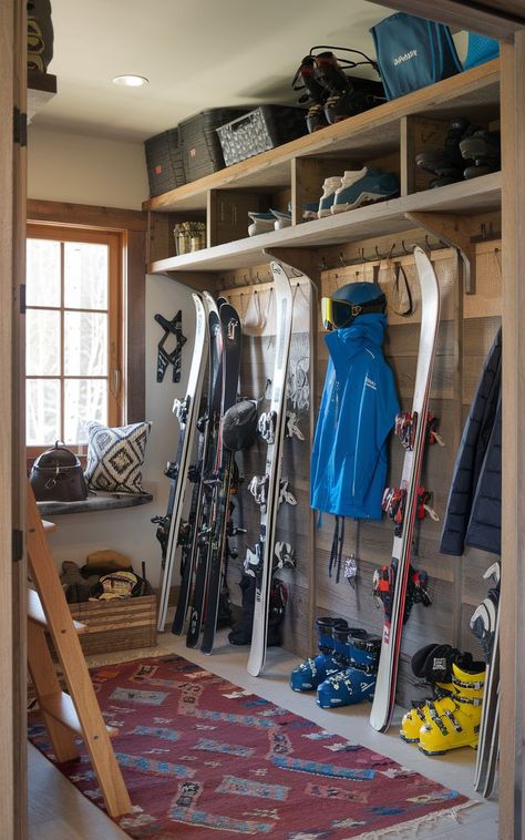 A well-organized ski gear room with designated spaces for each family member’s equipment. Ski Helmet Storage, Ski Room Ideas, Ski Mudroom Ideas, Ski Storage Ideas, Snowboard Room, Ski Gear Storage, Hockey Gear Storage, Ski Mudroom, Ski Equipment Storage