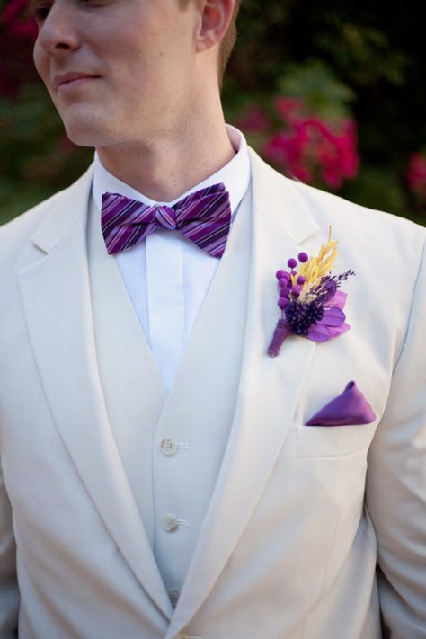 Photography By / miamorefoto.com Purple Suits For Men Wedding Ideas, Purple Tuxedo, White Tux, Groom Suits, St Augustine Wedding, Wedding Tux, Cream Suit, Purple Bow Tie, Beige Wedding