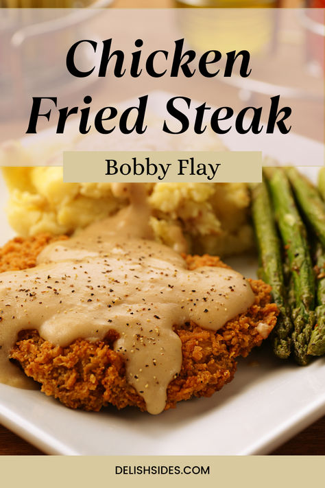 Bobby Flay Chicken Fried Steak Bobsredmill.com Recipes, Recipe For Chicken Fried Steak, Buttermilk Chicken Fried Steak, Crispy Chicken Fried Steak, Bobby Flay Fried Chicken Recipe, Top Round Steak Recipes, Chicken Fried Steak Recipe, Kfc Chicken Recipe, Steak Breakfast