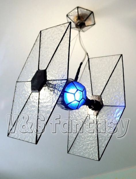 Stained Glass Kingdom Hearts, Stained Glass Hanging Lamps, Geek Stained Glass Art, Stain Glass Lamp, Star Wars Tie Fighter, Stained Glass Pendant Light, Star Wars Tie, Star Wars Decor, Star Wars Trilogy