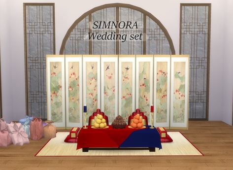 Sims4 Korean Furniture, Sims 4 Korean Furniture, Sims 4 Traditional Korean Cc, Sims 4 Asian Royal Cc, Japanese Decor Sims 4 Cc, Korean Furniture, Traditional Korean House, Red Shelves, Korea Traditional