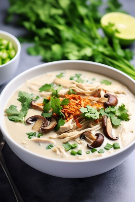 Keto Thai Coconut Chicken Soup (Tom Kha Gai) Keto Thai Recipes, Coconut Milk Substitute, Coconut Chicken Soup, Thai Coconut Chicken Soup, Thai Coconut Chicken, Coconut Milk Uses, Thai Chicken Soup, Tom Kha Gai, Thai Coconut Soup