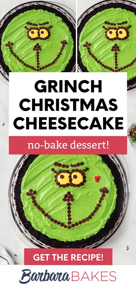 This whimsical green cheesecake brings festive cheer to any holiday table. It’s also easy to make and doesn’t require any oven space to save time and stress during the holidays. #barbarabakes #cakerecipes #cakedecorating #cheesecakerecipeeasy #nobakecheesecakerecipe #christmascheesecake #grinchcheesecake #oreocrust #nobakedessertrecipes #christmasdessertideas #holidaydessertideas Holiday Cheesecakes Christmas, Grinch Cheesecake, Cheesecake For Christmas, Christmas Cheesecake Flavors, Christmas Tree Cake Cheesecake, Christmas Tree Snack Cake Cheesecake, The Grinch Cheesecake, Green Cheesecake, No Bake Vanilla Cheesecake