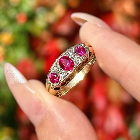 Friday Feature 💍 This ruby and diamond ring is a beautiful 1960s cluster ring made in the Victorian style with a trilogy of rubies across the front weighing approx. 0.62ct and 0.12ct and four twinkling diamonds nestled in between. The gallery on the ruby ring is all 18ct gold and complete with Chester hallmarks that date it to 1960. It’s in excellent condition and would make a wonderful 40th Ruby wedding anniversary gift. This stunning ruby ring is now available at an unbeatable 50% OFF! 🎉... Ruby Wedding Anniversary Gifts, Ruby Wedding Anniversary, Ruby And Diamond Ring, Ruby Wedding, Wedding Anniversary Gift, Ruby Ring, Victorian Style, Wedding Anniversary Gifts, Cluster Ring