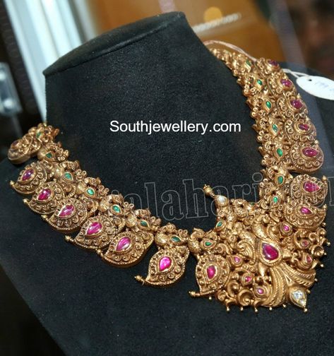 Antique Mango Peacock Nakshi Necklace Mango Mala Jewellery, Nakshi Necklace, Mango Necklace, Latest Indian Jewellery, 22 Carat Gold Jewellery, Temple Jewelry Necklace, Gold Temple Jewellery, Mala Jewelry, Antique Necklaces Design