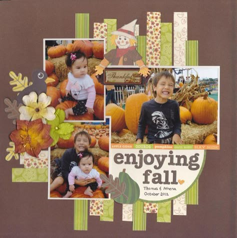 Easy layout incorporating scraps.  The dark color background with bolder patterns works well to draw attention. Thanksgiving Scrapbook, Fall Scrapbook Layouts, Halloween Scrapbook, Fall Scrapbook, Family Scrapbook, Photo Layouts, Design Studios, Photo Scrapbook, Scrapbook Sketches